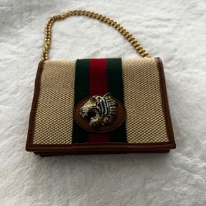 Gucci Feline Leather Trim Chain Wallet